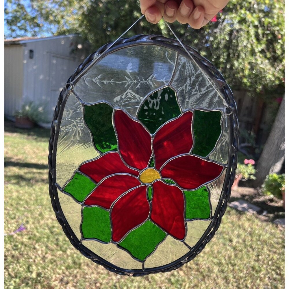 Poinsettia Christmas Floral Painted Suncatcher Oval 2-Loop Hanging Stained Glass